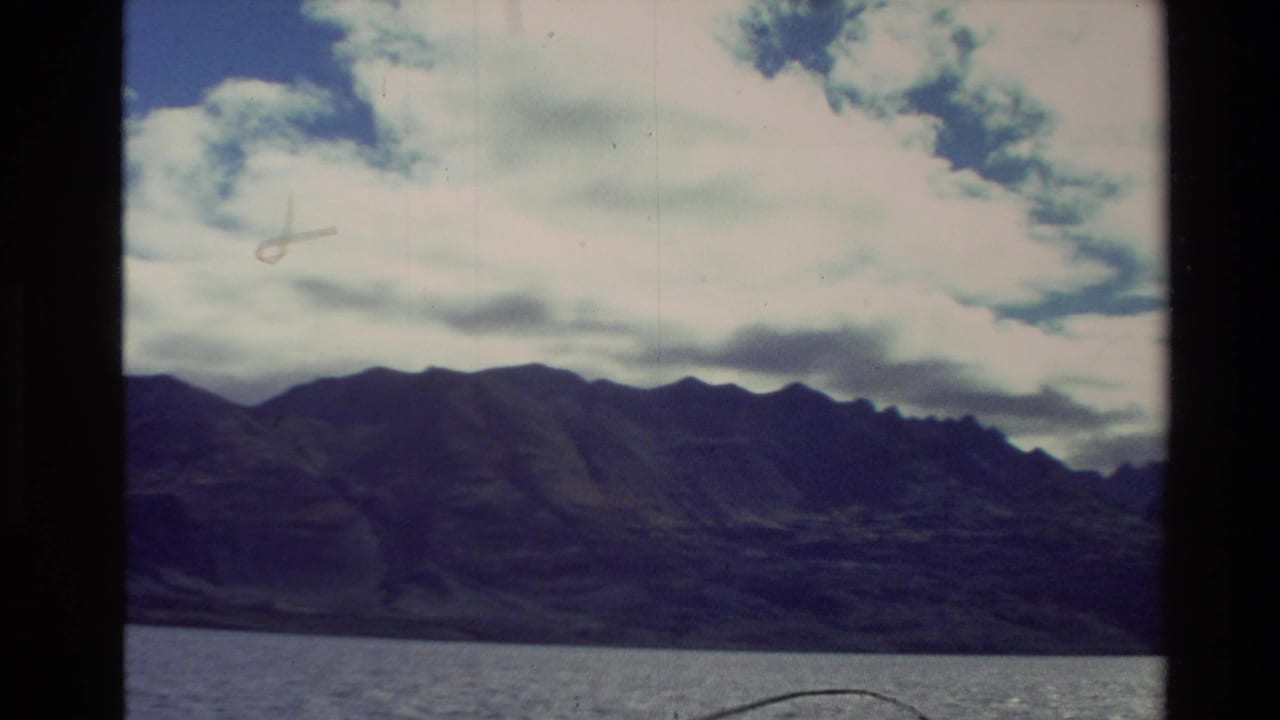 1981 New Zealand landscape frame with rugged mountains across water and broad cloud cover overhead.