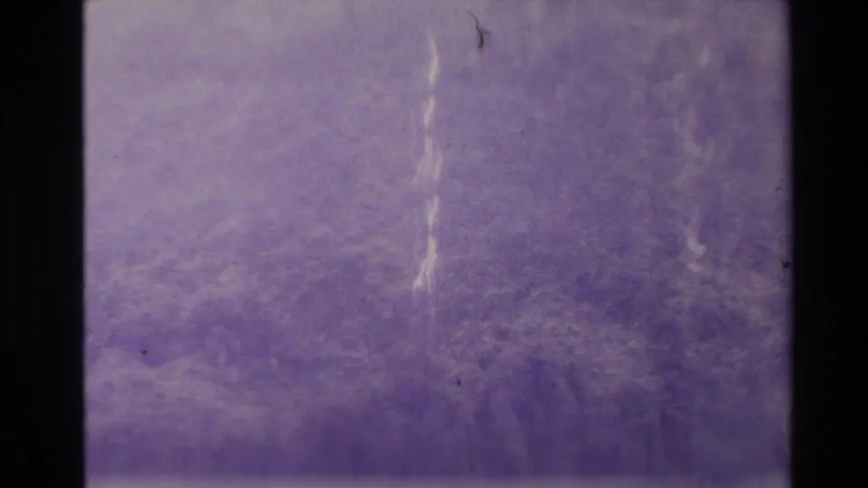 1981 New Zealand 8mm frame showing a soft, rain-darkened hillside with pale vertical film streaks, grain, dust, and purple color shift.
