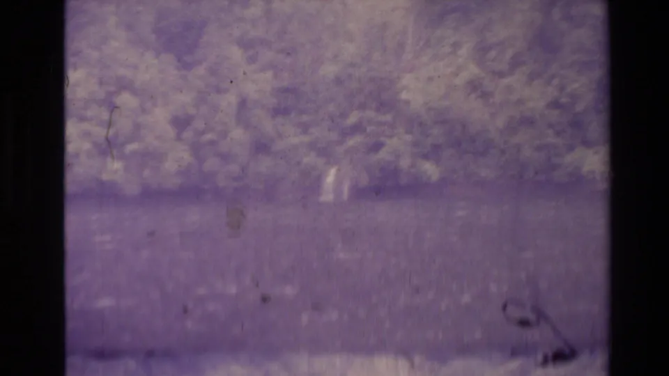 New Zealand 1981 home-movie frame with heavy purple color shift, soft trees or bank detail, and dark horizontal waterline.