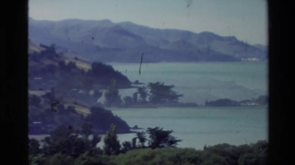 Hazy 1981 New Zealand coastal view with blue water, distant mountains, shoreline trees, and visible 8mm film wear.