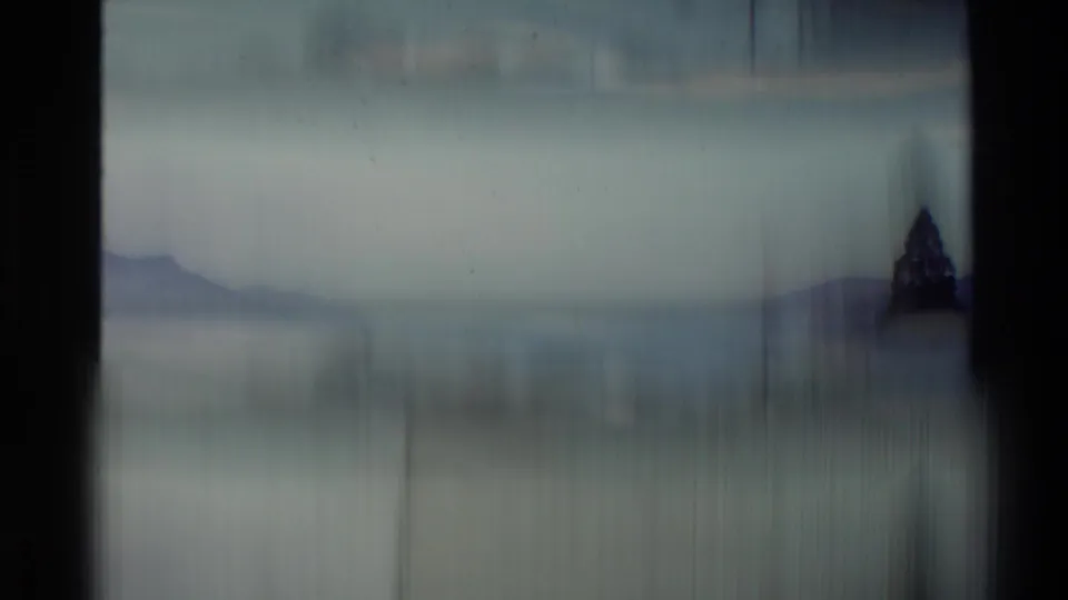 Soft, motion-blurred 8mm frame showing New Zealand water and hills with a tall dark tree at the edge of the view.