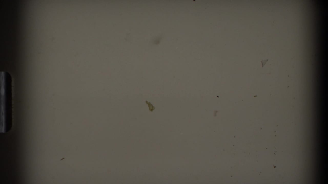 Mostly pale, underexposed frame with dark edge, dust, and small surface marks.