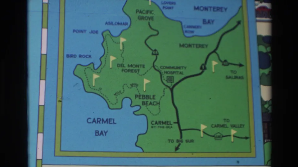 1982 travel-map frame showing Carmel Bay, Pebble Beach, Del Monte Forest, Monterey Bay, and arrows toward Big Sur and Salinas.