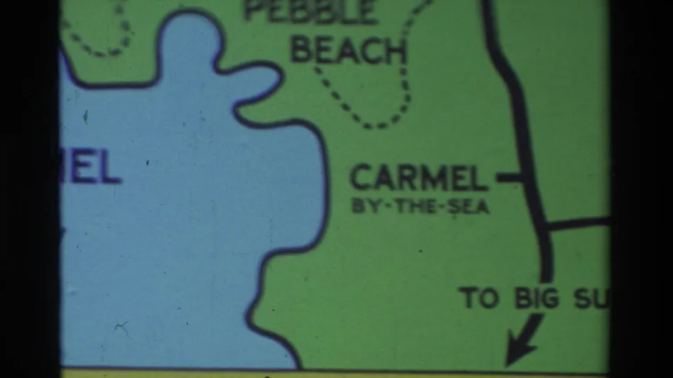 Carmel-area map frame showing Pebble Beach above the bay, Carmel-by-the-Sea inland, and text pointing toward Big Sur.