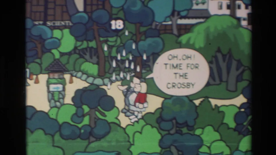 1982 Carmel comic frame showing two drawn figures in a green park setting with rain marks and a speech bubble reading, “OH, OH! TIME FOR THE CROSBY.”
