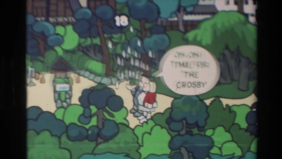 Final 1982 Carmel comic frame showing the rainy illustrated park scene, two cartoon figures, and the Crosby speech bubble partly softened by the film scan.