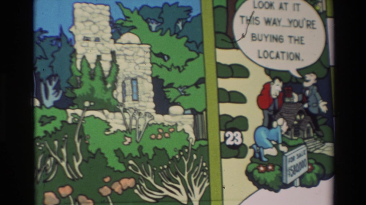 1982 Carmel, California comic-strip frame showing a stone cottage scene beside figures discussing location value.