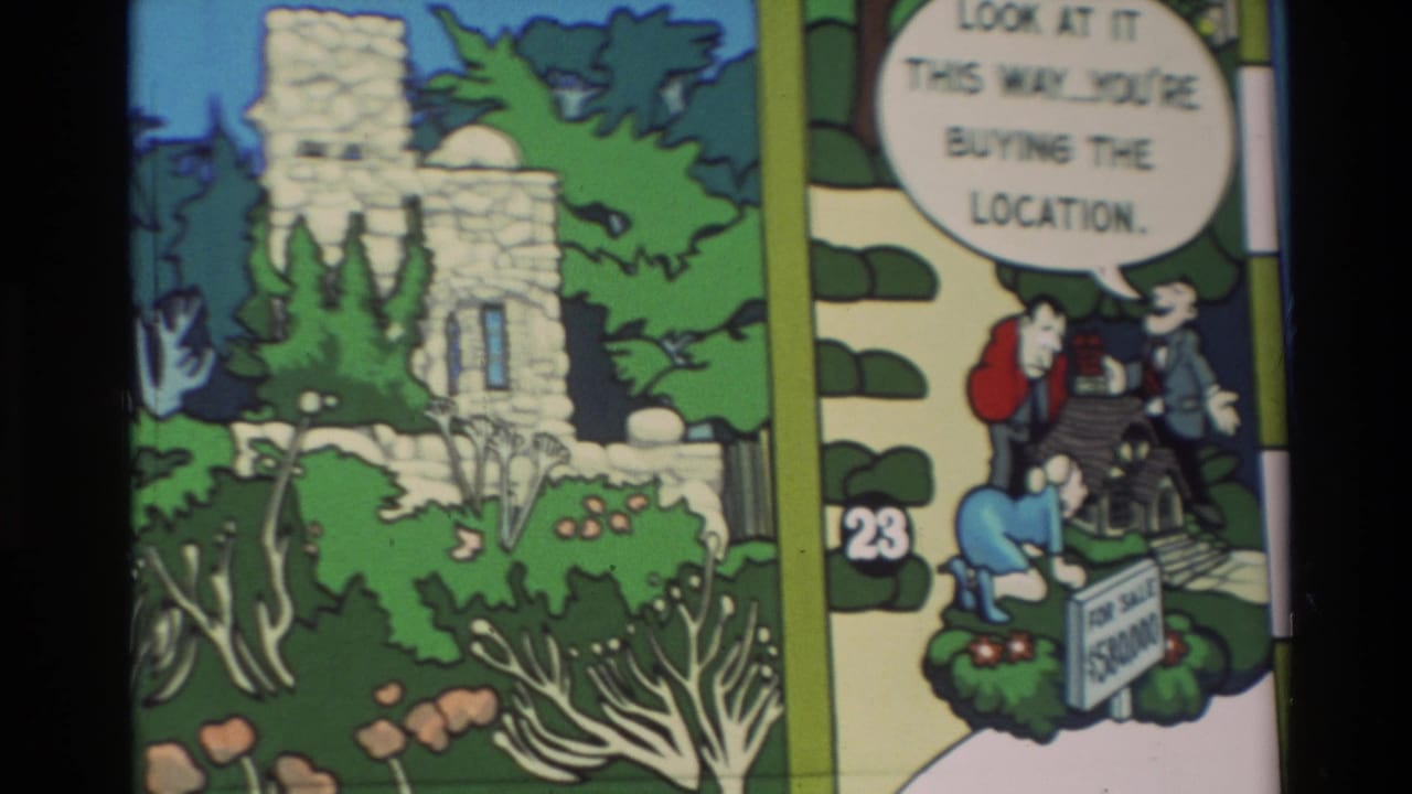 Carmel comic-strip frame repeats the stone cottage and for-sale gag, with small drawn people near the sign.