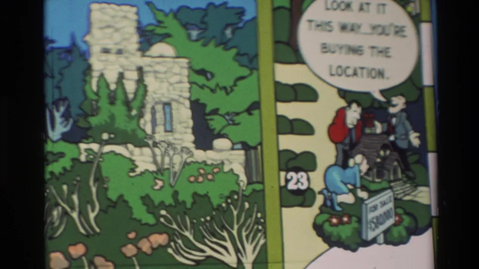 Carmel comic-strip frame repeats the stone cottage and for-sale gag, with small drawn people near the sign.