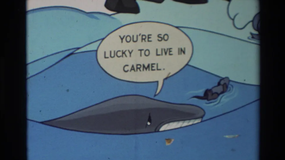 1982 Carmel comic-strip panel shows a whale in the ocean with a speech bubble about being lucky to live in Carmel.
