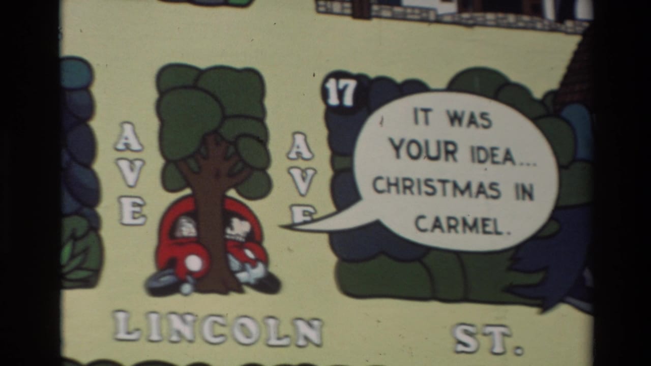 1982 Carmel cartoon frame with Lincoln St. lettering, a red car partly behind a tree, and a speech bubble referring to Christmas in Carmel.