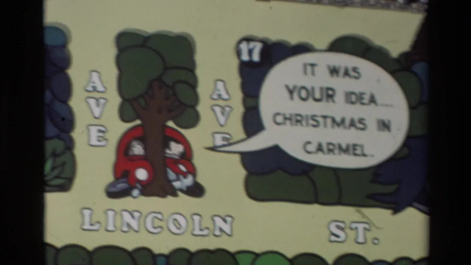 Carmel 1982 cartoon frame repeating the Lincoln St. scene with a red car, roadside tree, and speech bubble about Christmas in Carmel.