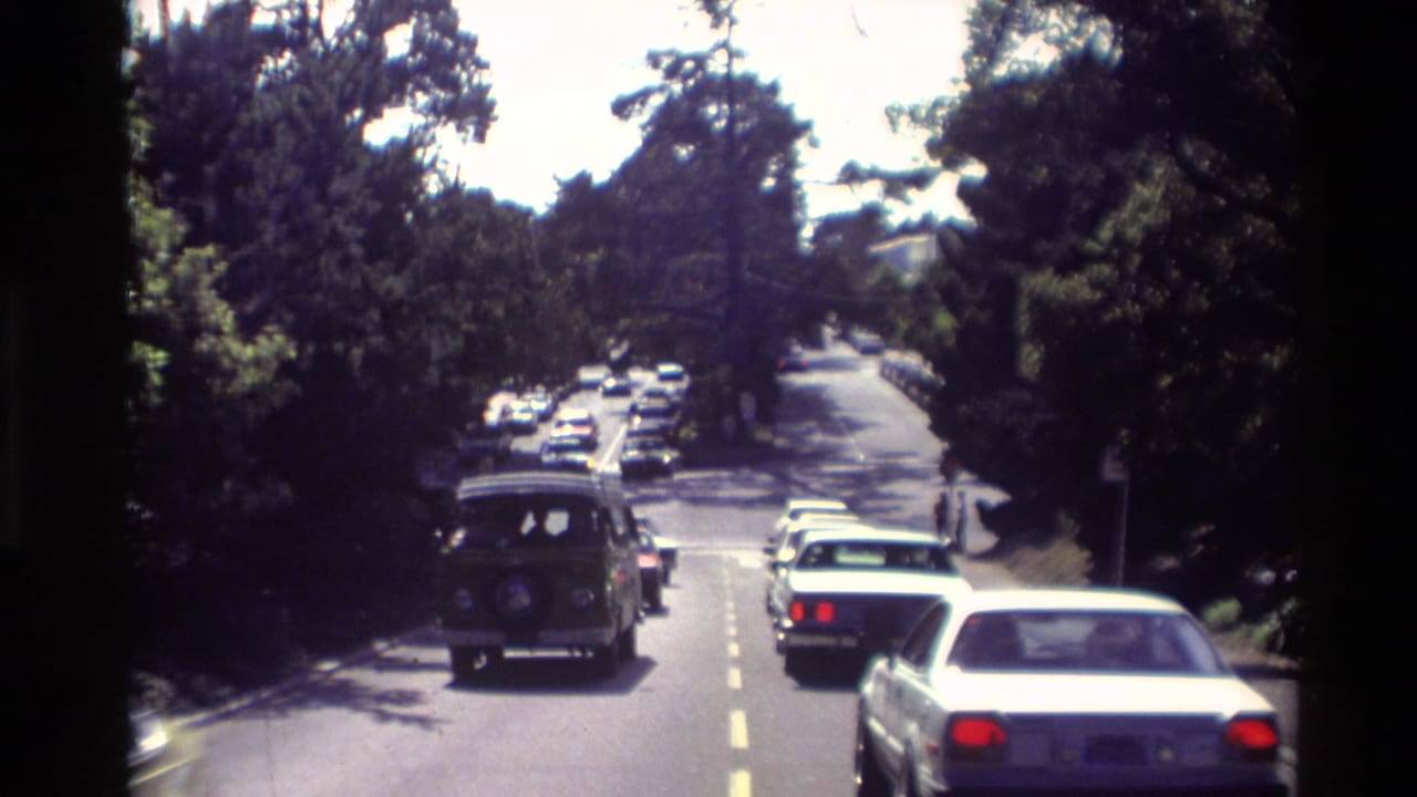 1982 Carmel street view with cars moving along a tree-lined road, including a van and several sedans in bright sun and shade.