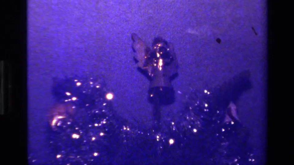 1979 California home-movie frame with tree branches, glittering tinsel, small ornament, and soft purple 8mm color cast.