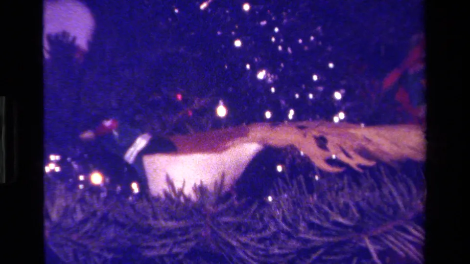 1979 California home-movie frame with a bird ornament, clustered tree lights, and dark green pine needles.