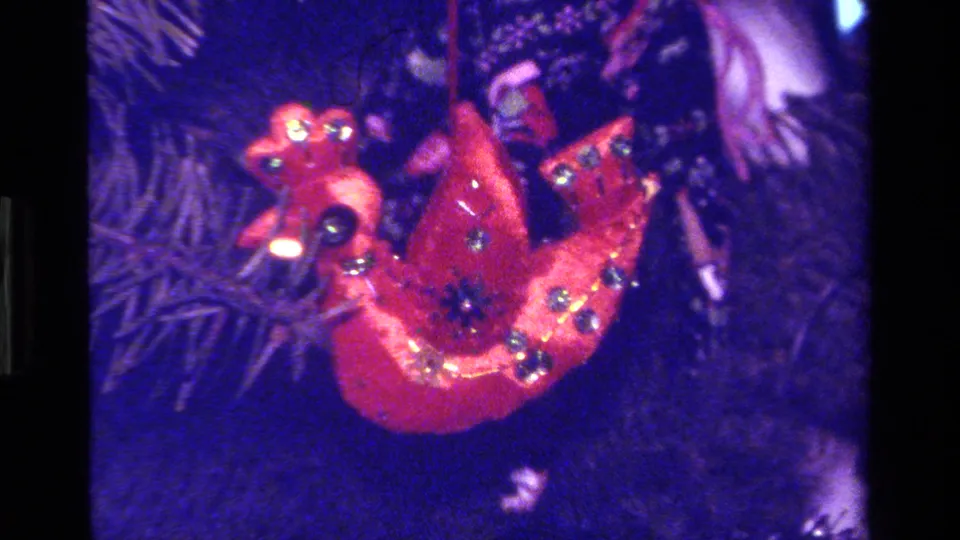 Close 8mm view of a red glittered turtle-like ornament suspended among evergreen branches in the 1979 California holiday footage.