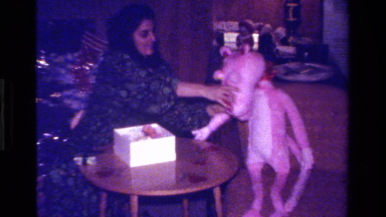 In a 1979 California home-movie frame, a woman in a patterned dress adjusts a large pink stuffed animal beside a small table.