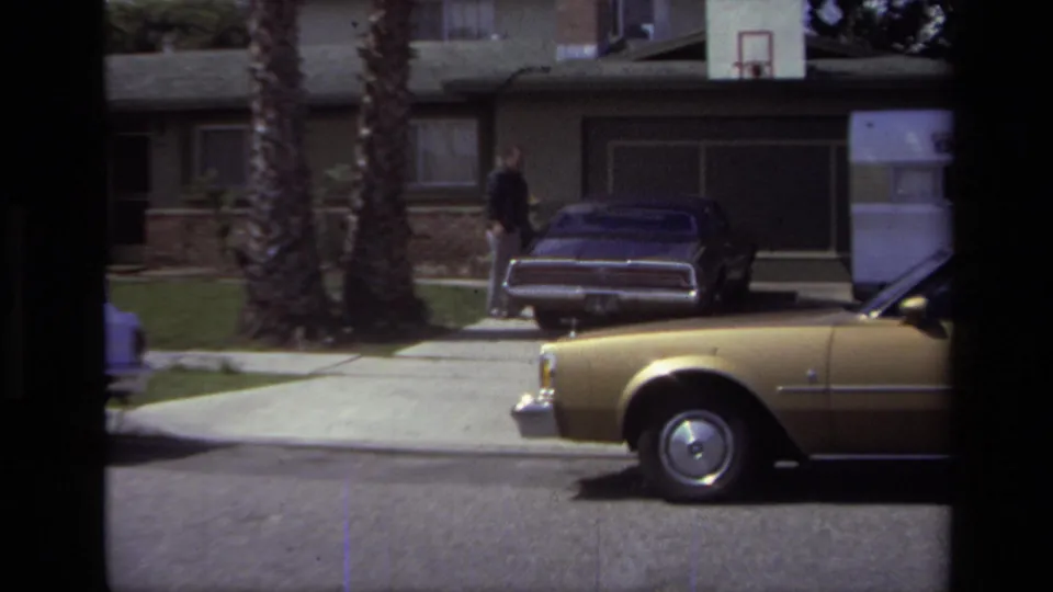 Laguna Beach residential street scene with houses, palm trunks, parked cars, and a gold car entering the right side of the frame.