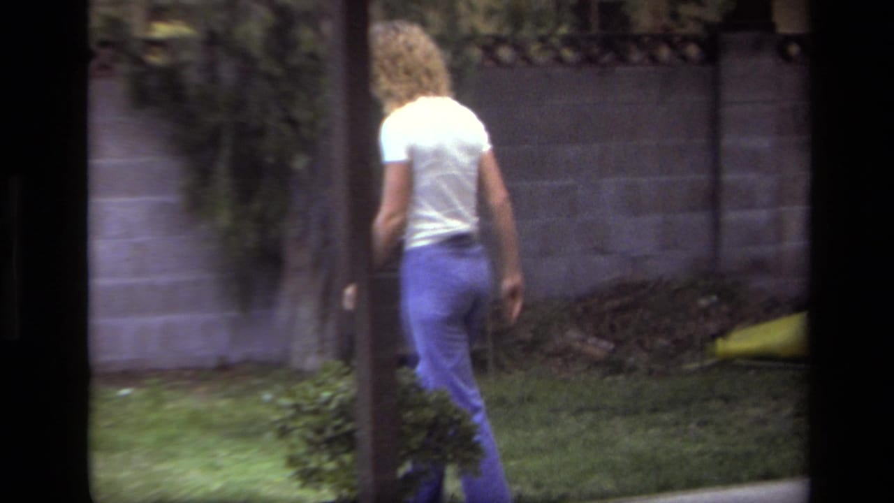 Woman walks farther across the lawn beside a wall and shrubs.