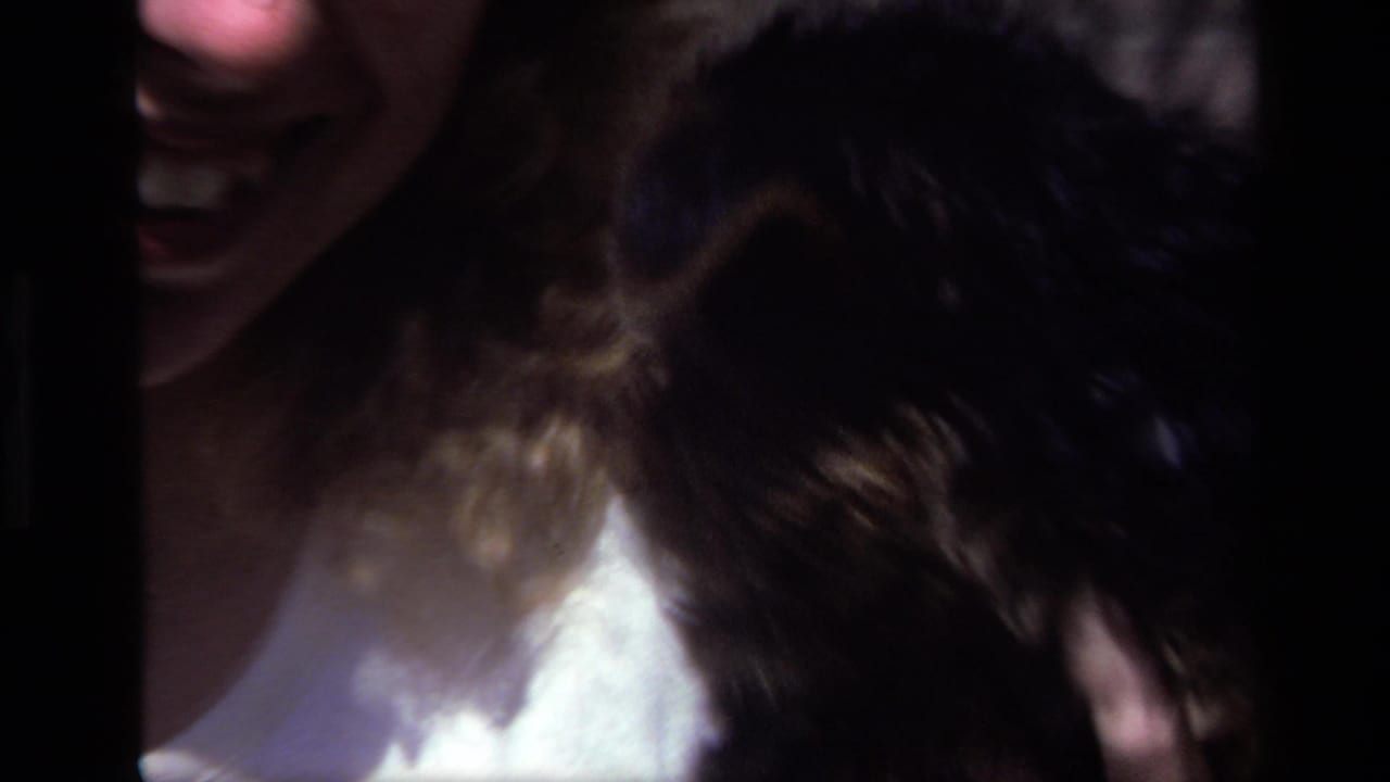 Smiling curly-haired woman in a white top holding a small fluffy dog close to her chest.
