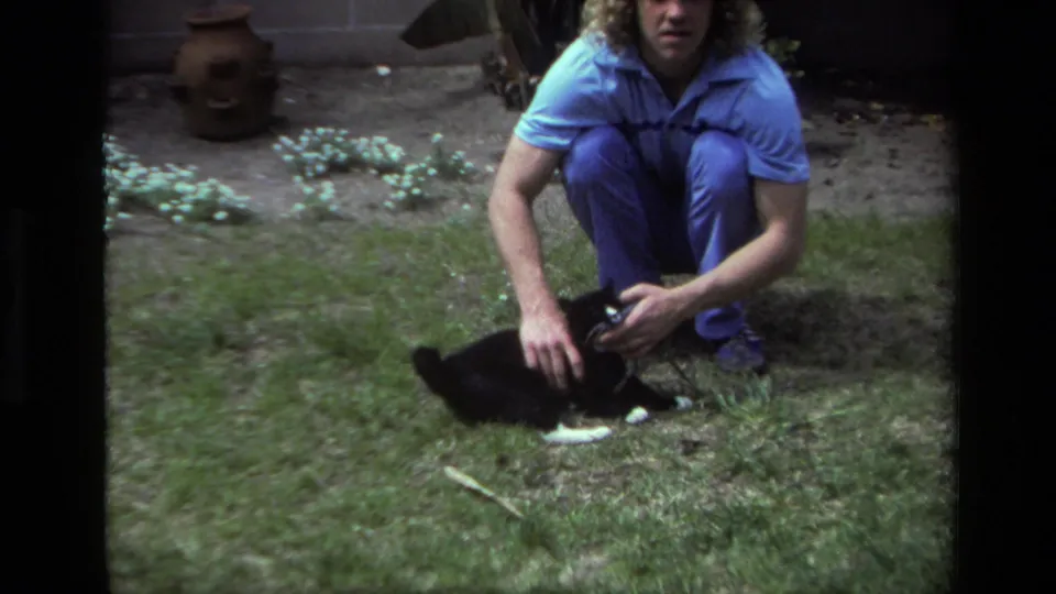 A man in a blue shirt crouches on a Laguna Beach lawn in 1979 footage, petting the black-and-white cat near backyard plants.