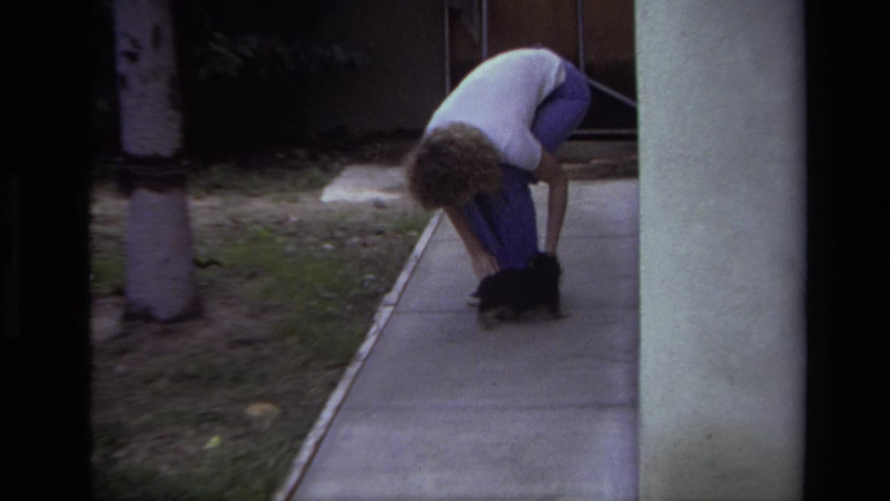 In 1979 Laguna Beach home-movie footage, a person in a white shirt and blue pants bends toward a small puppy on a sidewalk near grass.