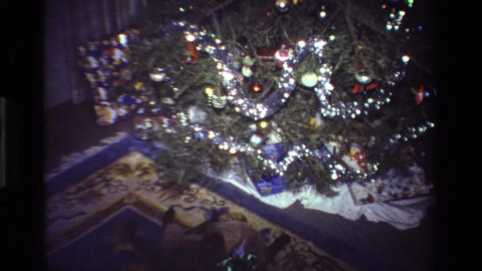 1981 California 8mm frame showing a tinsel-covered Christmas tree with gifts and a dog lying beneath it on a patterned rug.