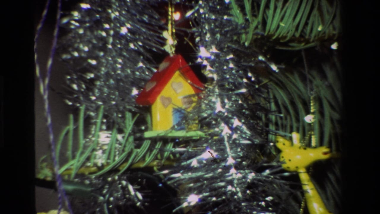 1981 California home-movie frame showing a red-roofed birdhouse ornament, yellow bird, green branches, and silver tinsel.