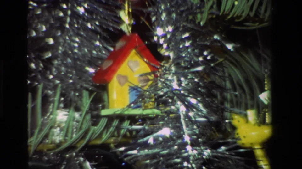 1981 California 8mm frame with a small birdhouse ornament, silver tinsel, green needles, and a yellow bird partly at the edge.