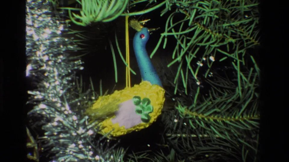 Close 1981 California 8mm frame of a blue-necked peacock-style ornament with yellow body hanging among pine needles and tinsel.