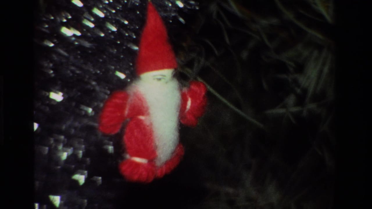 Small red felt gnome ornament beside silver tinsel-like material and tree needles.