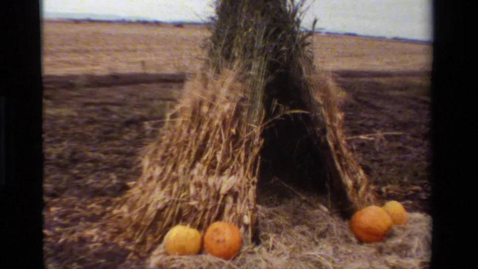 Close 1984 California home-movie view of a hay teepee, pumpkins, hay bale, and rural field from the passing carriage.