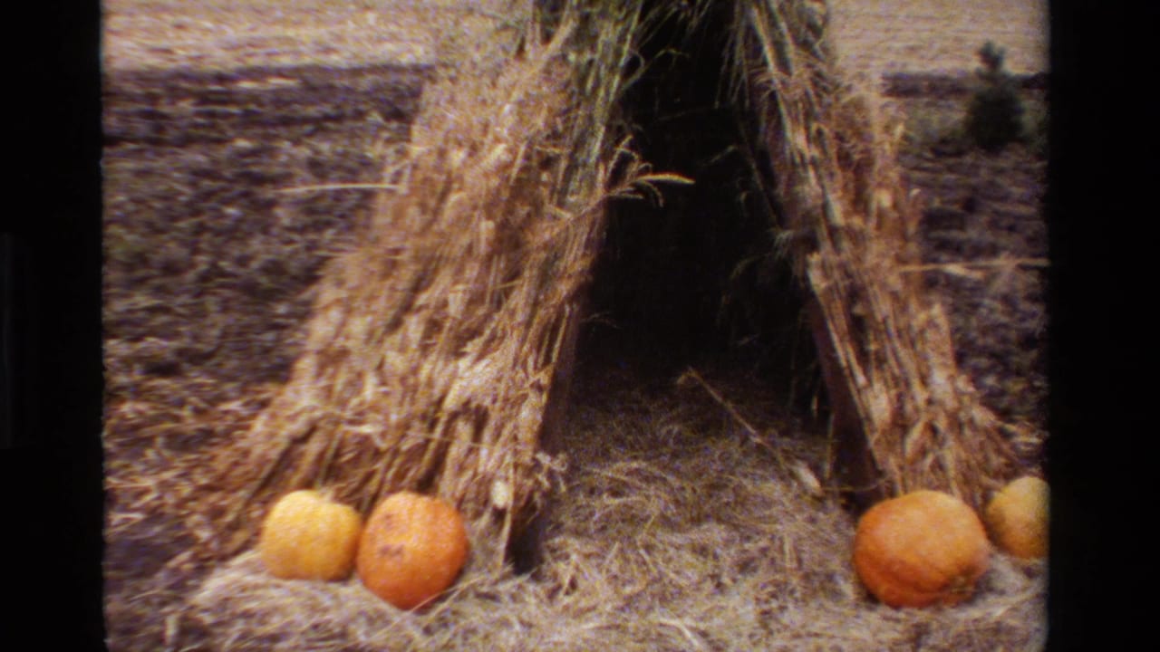 Closer view of a corn stalk hut with pumpkins and straw in front.