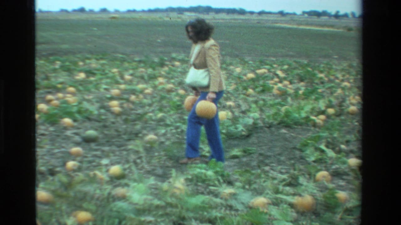 Woman walking through a pumpkin patch while carrying a pumpkin.