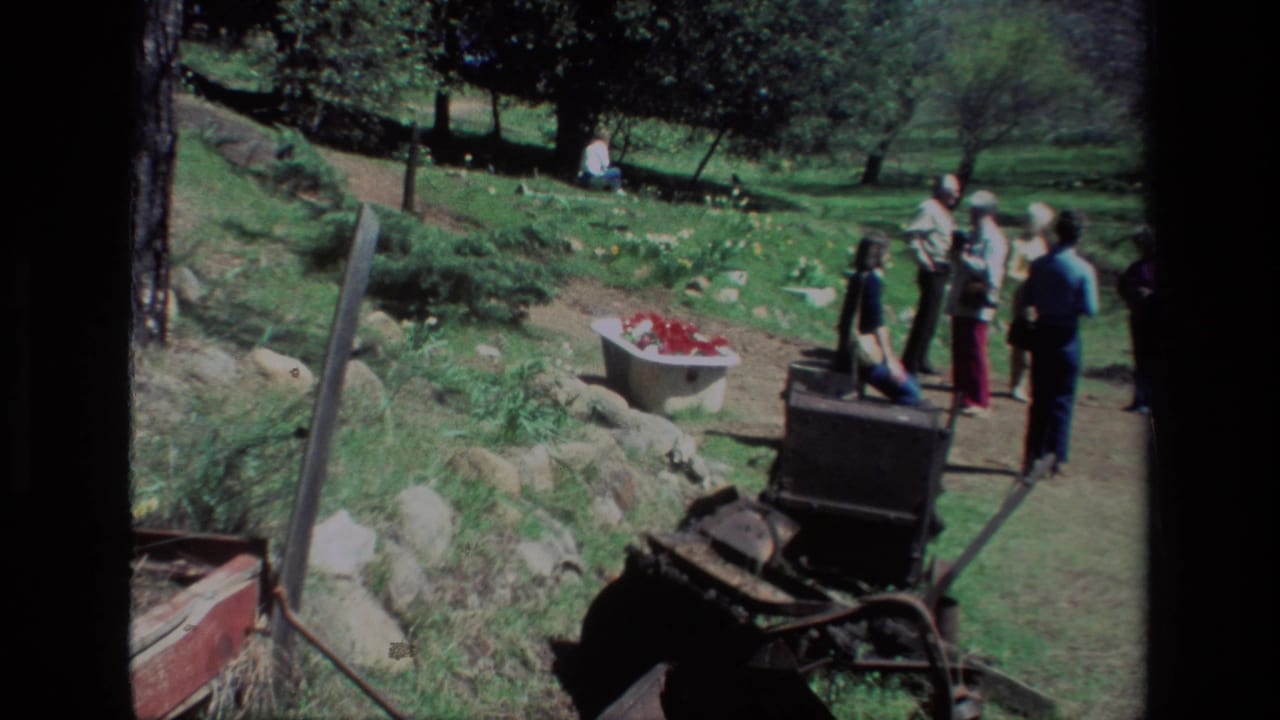 Daffodil Hill, California 1985 frame with several adults near a white tub planter, red flowers, rocks, trees, and a sloped garden path.
