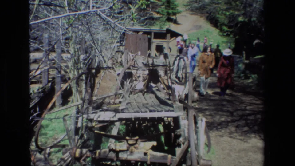 At Daffodil Hill in 1985, visitors walk uphill along a sunlit dirt trail beside old wooden farm equipment and trees.