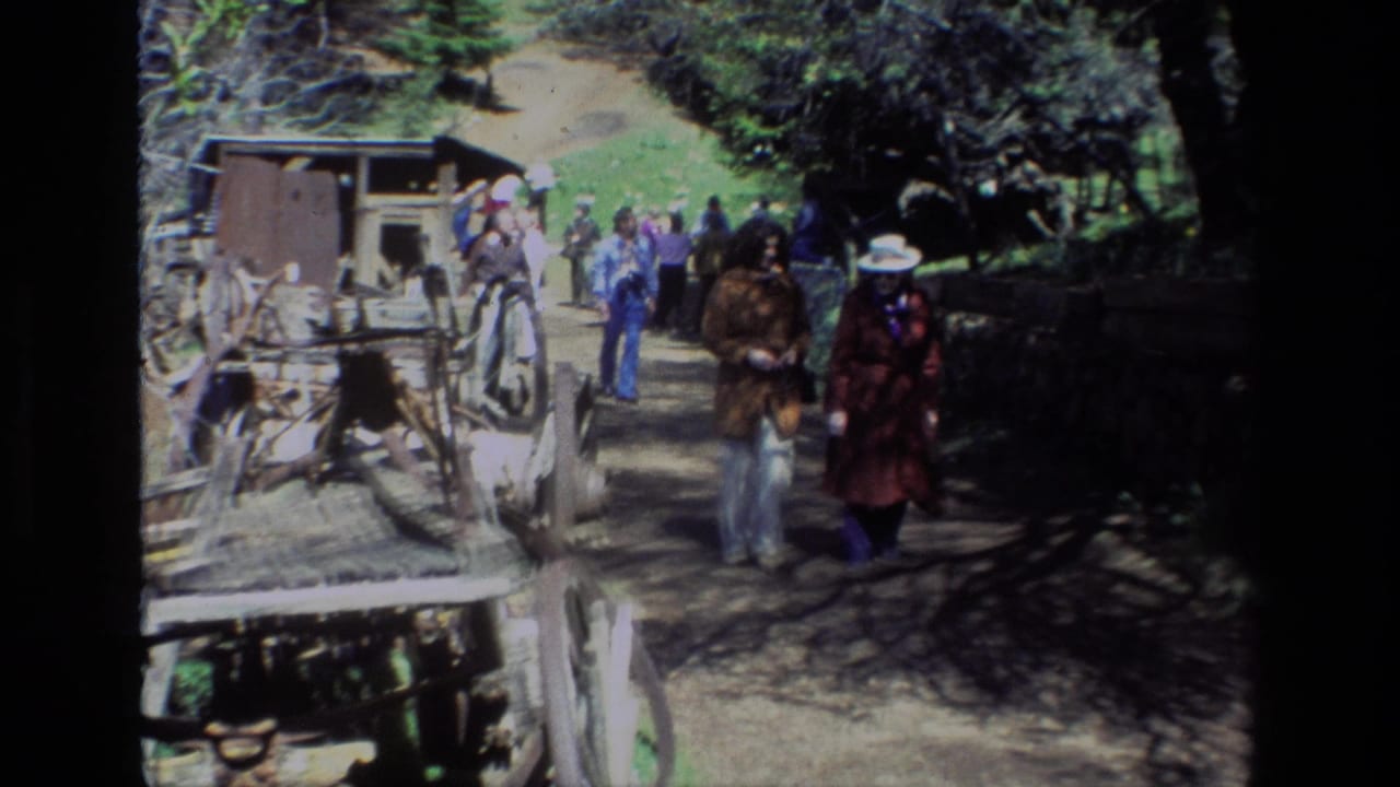 Visitors at Daffodil Hill in California walk along a sun-dappled dirt trail beside rustic fencing and old farm equipment in 1985 home-movie footage.