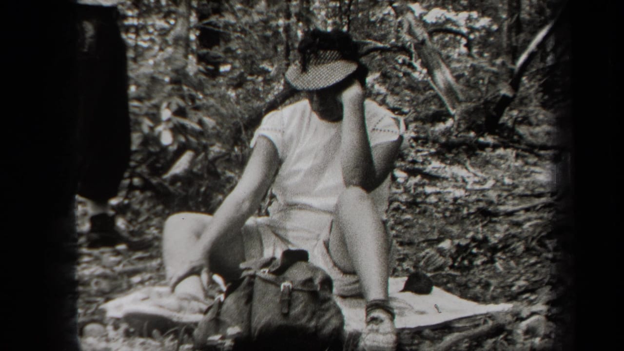 In 1938 New York home-movie footage, a woman sits on a blanket in a wooded area and adjusts or holds her sun hat.