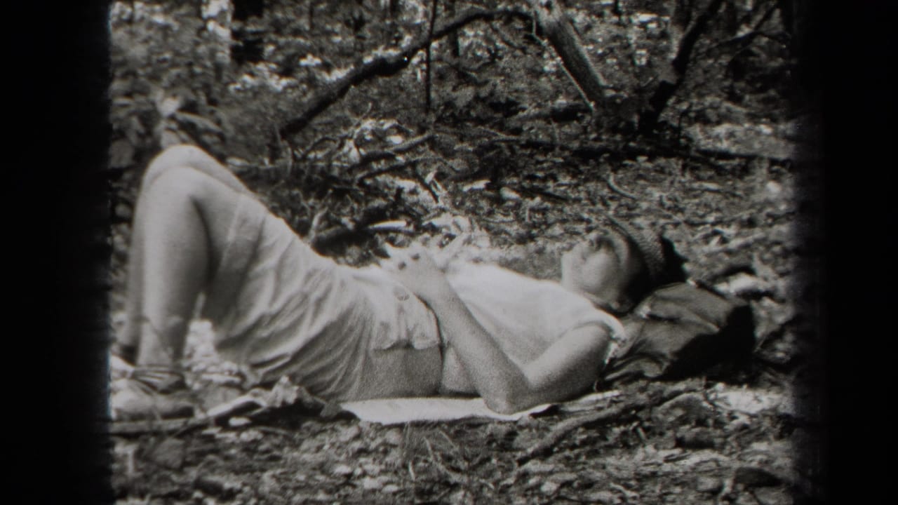 1938 New York home-movie frame of a person reclining on a blanket on the forest floor, surrounded by leaves and branches.