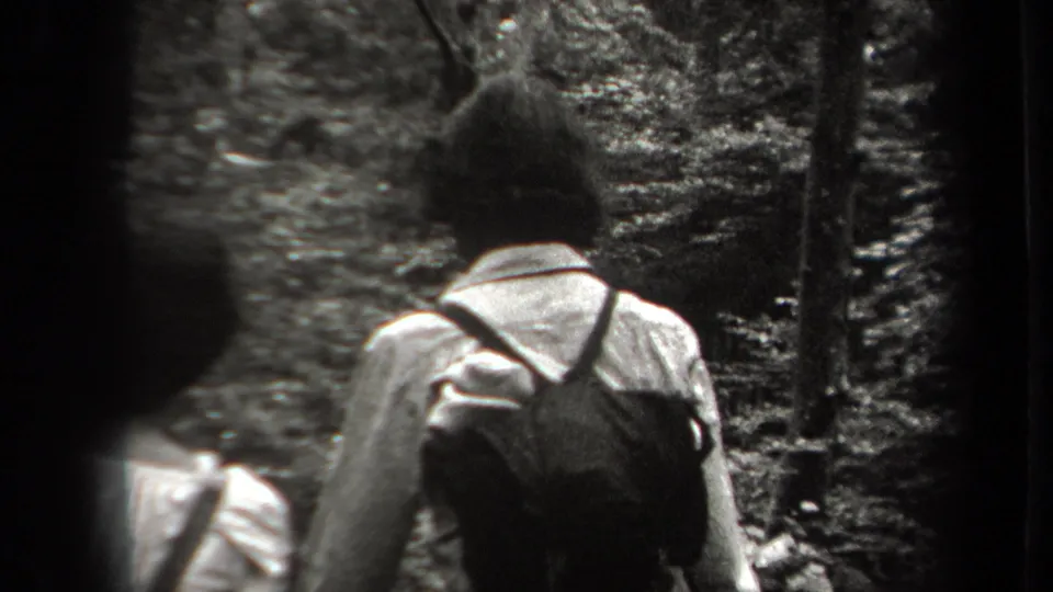Two hikers are seen from behind in the forest, with clothing and straps visible in the 1938 New York home movie.