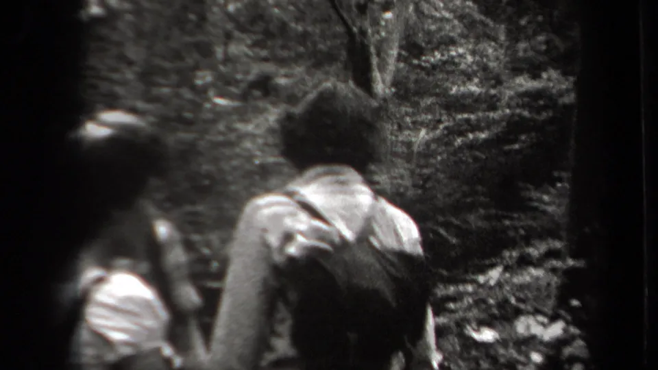1938 New York 8mm home-movie frame showing two people from behind on a wooded path, with one carrying a backpack.