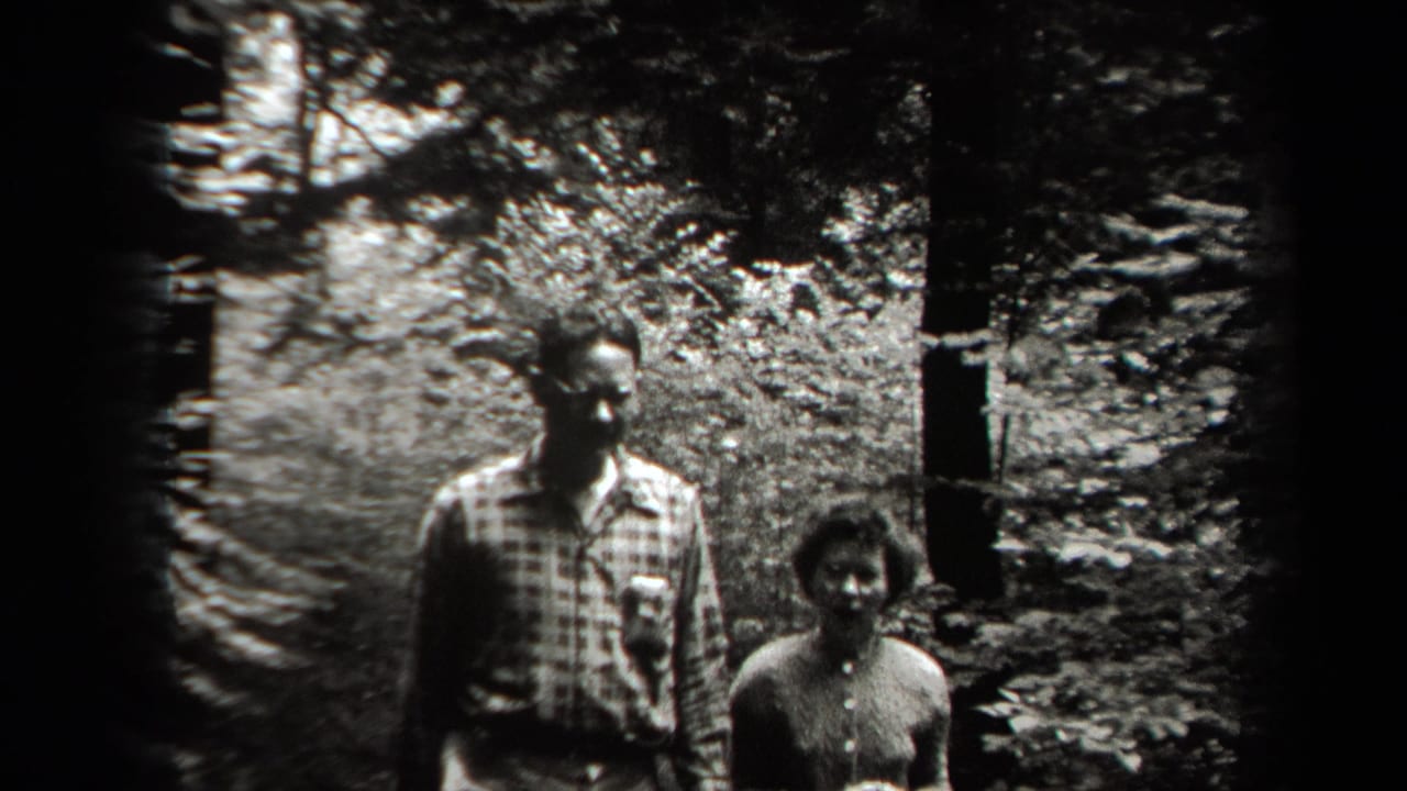 Two adult hikers in 1938 New York stand near a forest path, with dense leaves and tree trunks around them.