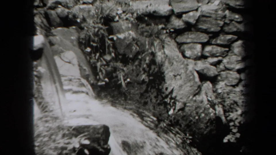 Black-and-white 1938 New York 8mm frame showing water streaming near a rustic stone wall and vegetation.