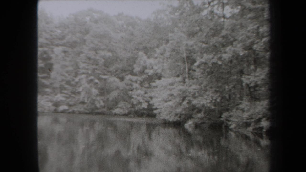 1938 New York 8mm frame showing a quiet lake reflecting dense trees along a wooded shoreline.