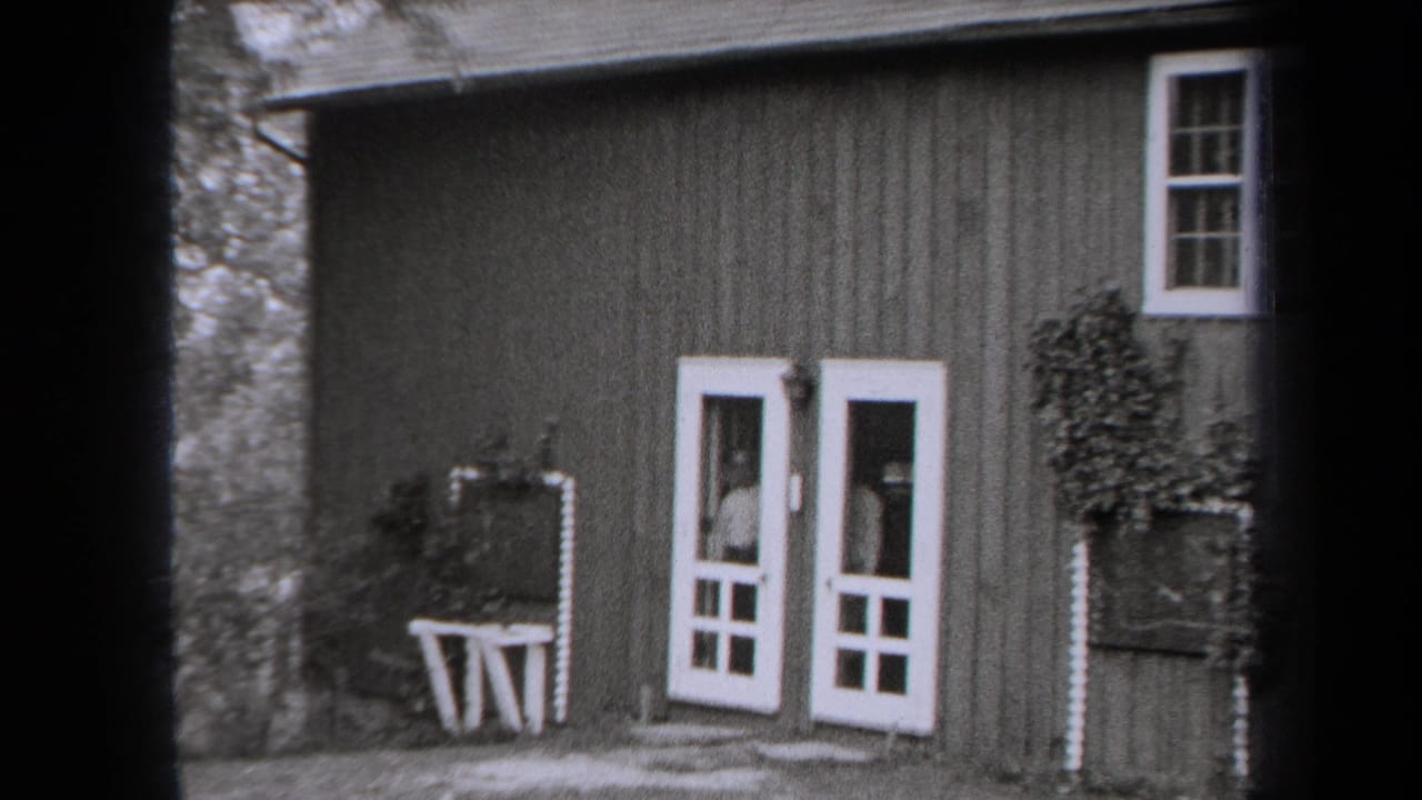 Wooden cabin exterior with white double doors, window, small table, and plants.