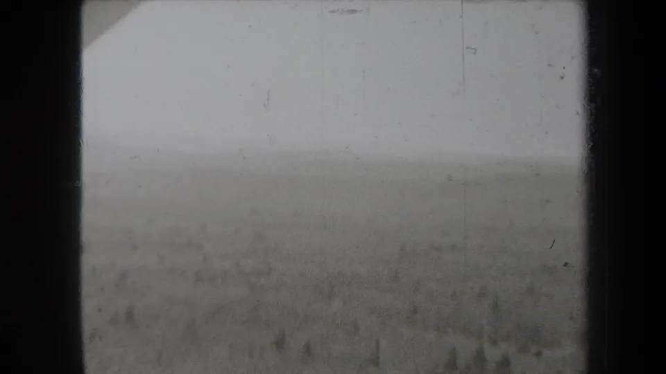 1938 New York 8mm frame showing a hazy landscape with a low tree line or field seen through a dark frame.
