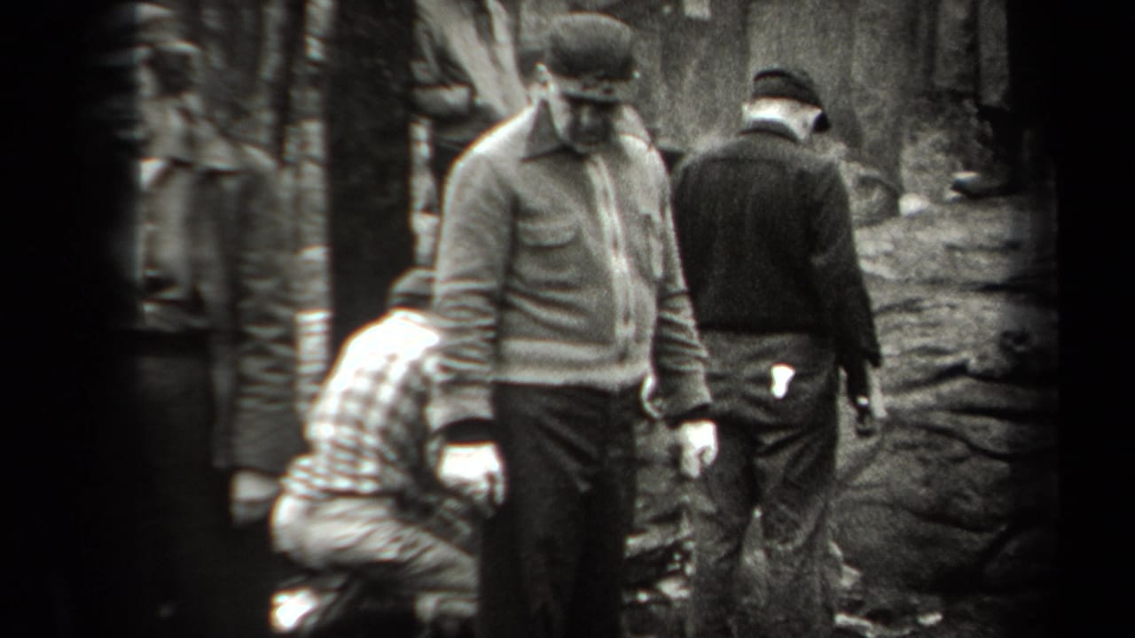 Adults in caps and jackets move through a wooded New York setting, with one figure partly bent near the ground.