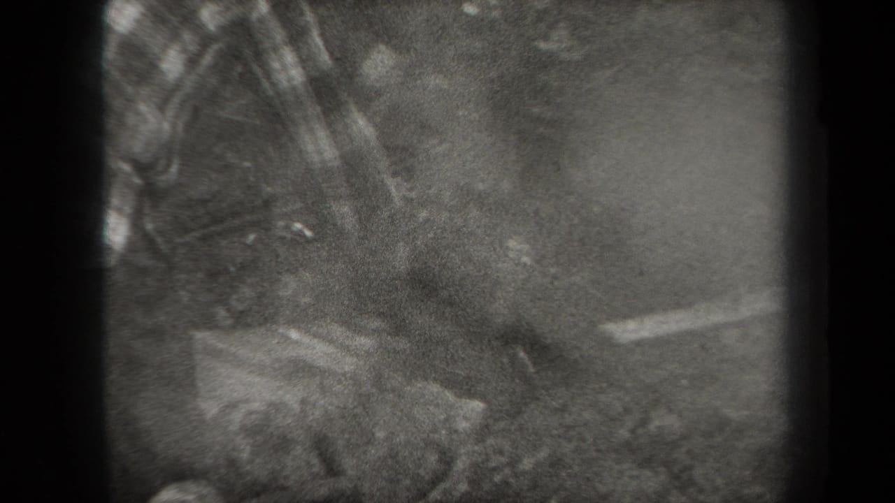 Grainy 1938 New York 8mm frame showing a wooded outdoor area with indistinct activity and heavy vignette at the film edge.