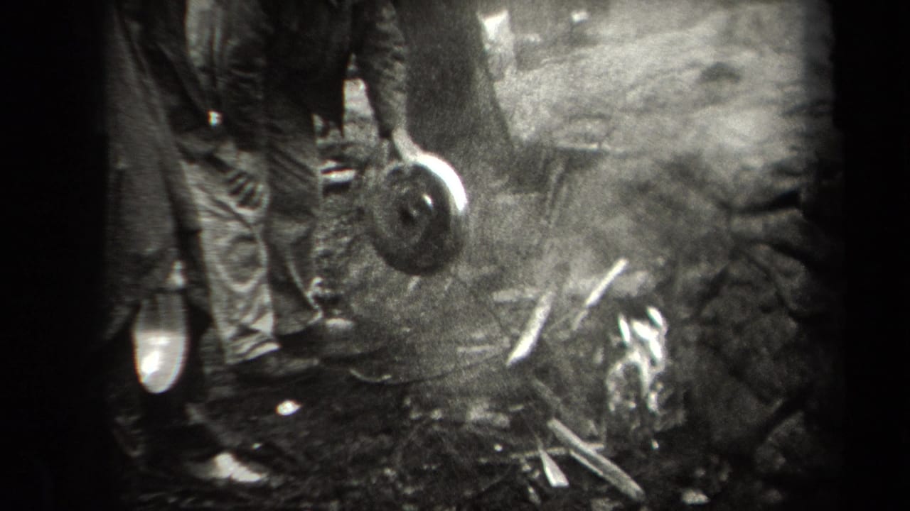 Partially seen adults stand near a smoky fire pit with a chicken hanging nearby.