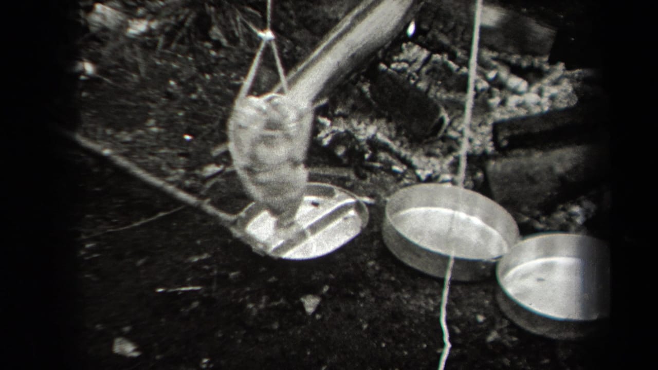 In 1938 New York home-movie footage, suspended poultry hangs over metal pans beside sticks and ground debris in a wooded outdoor cooking setup.